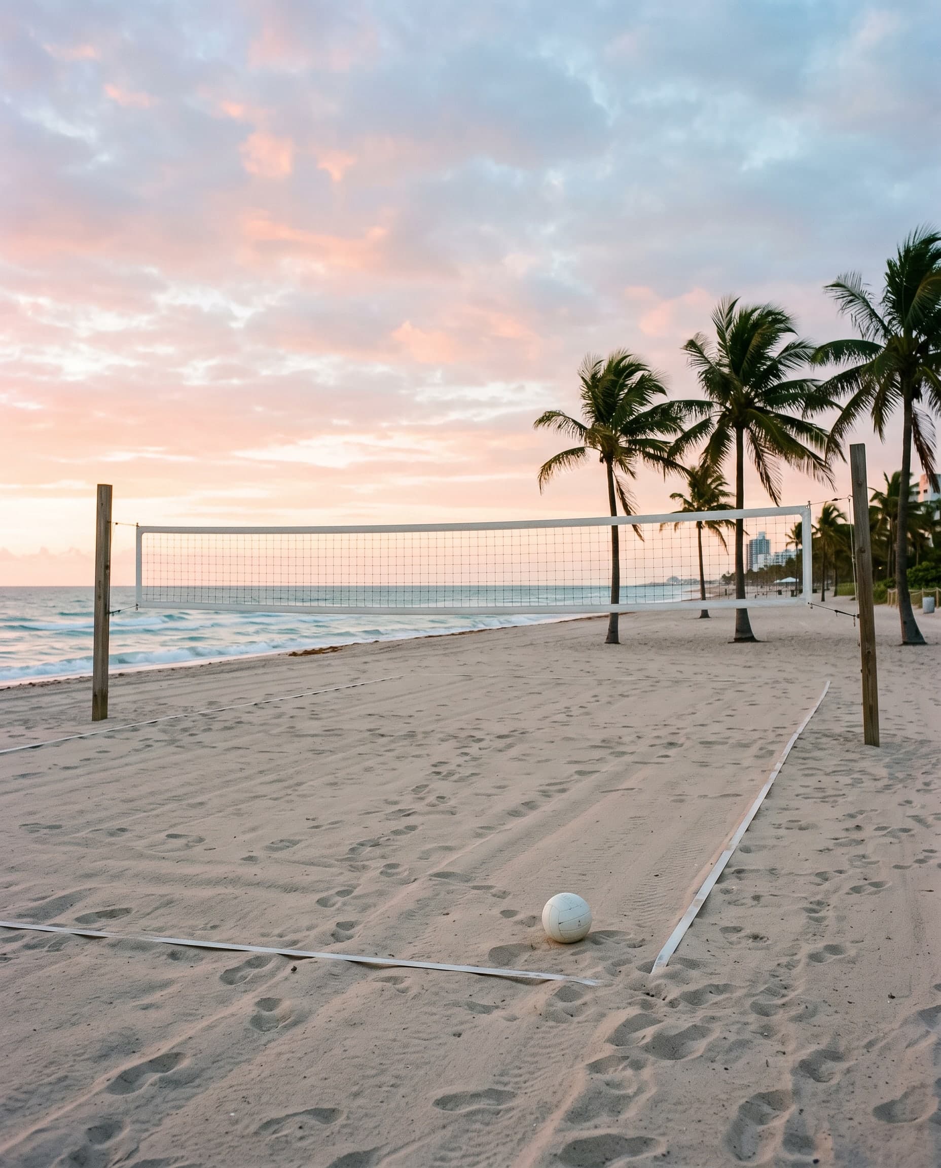 Empty beach volleyball court on South Beach at sunrise