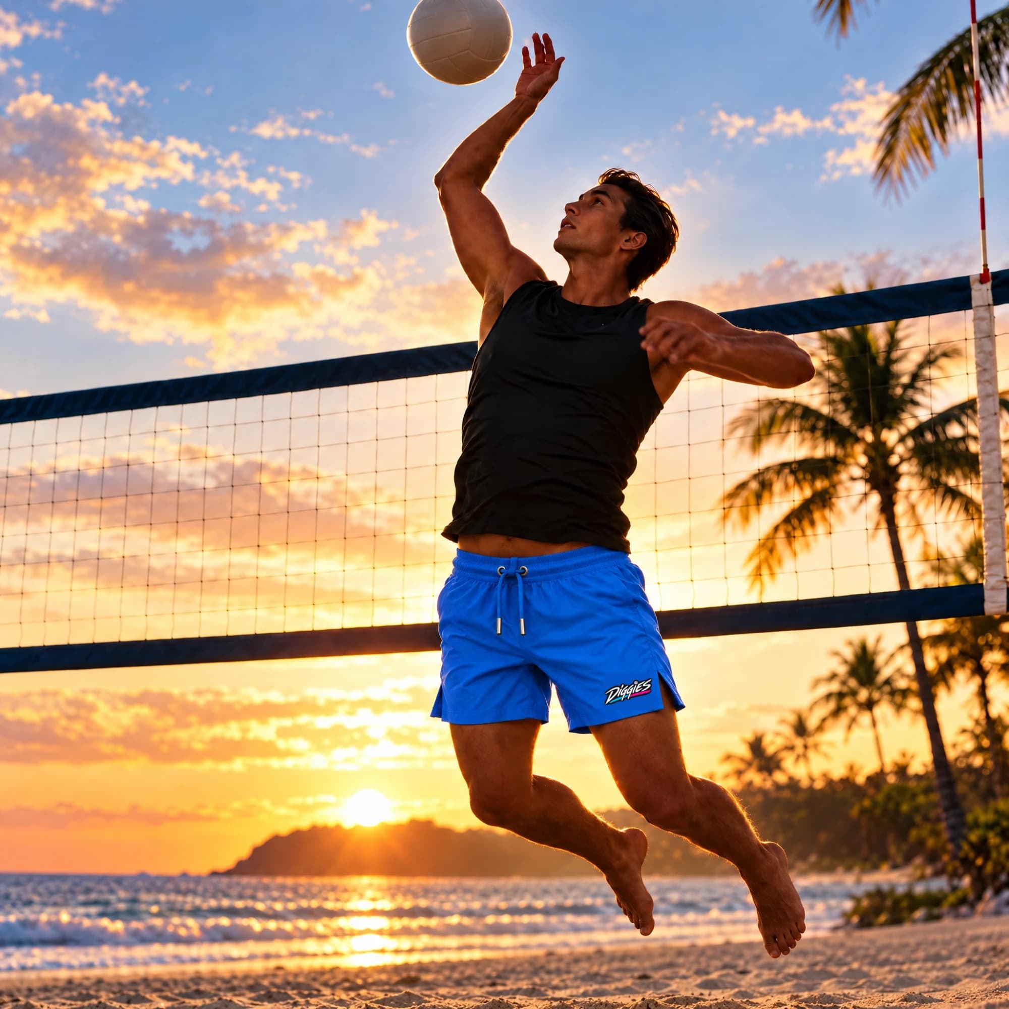 Beach volleyball player in blue Diggies shorts leaping to spike the ball at sunset